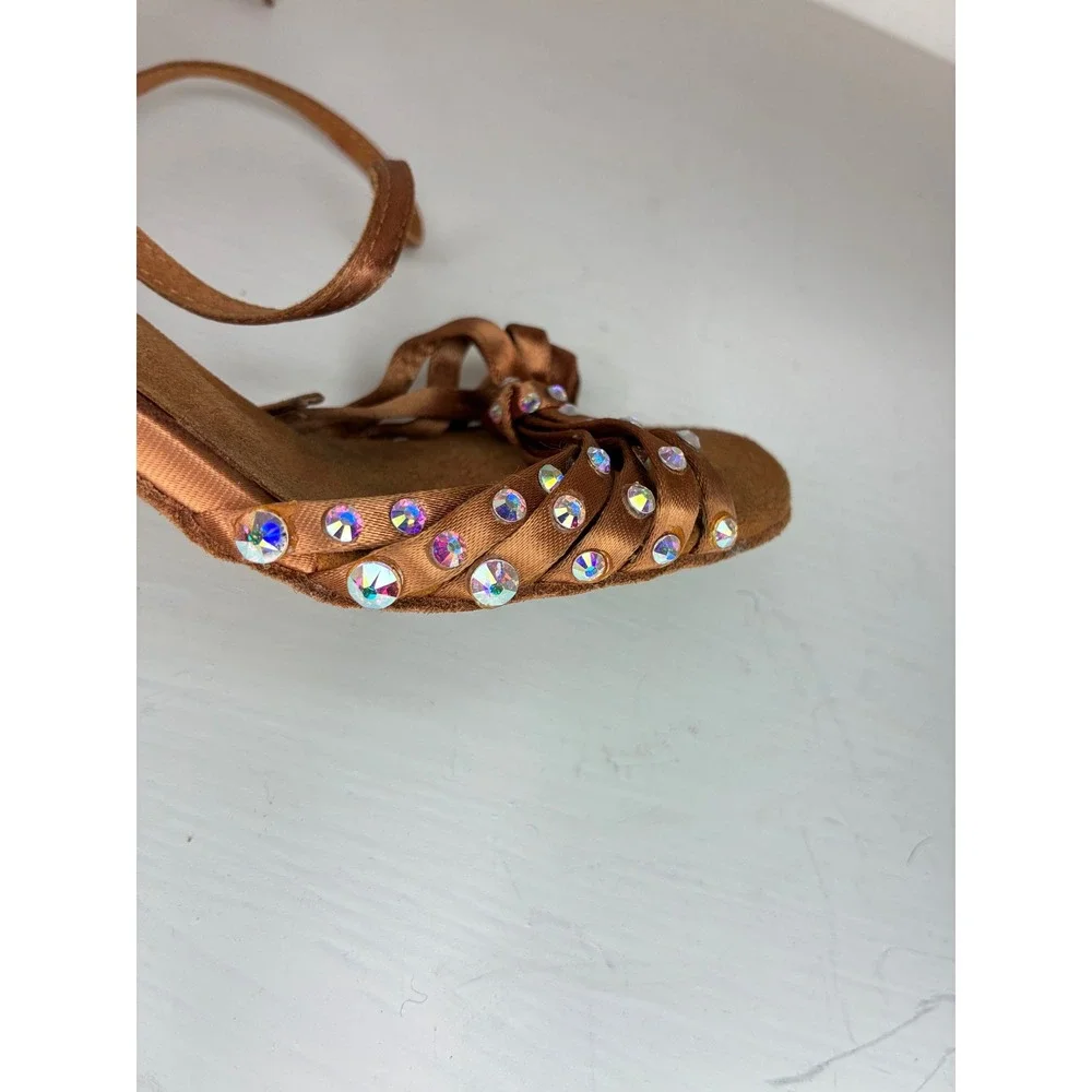 Supadance Ballroom Dance Shoes Kids Size 3 Copper Satin Crystal Flared Heel UK 3